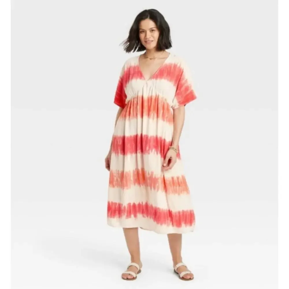 Knox Rose Tie-Dye Cream Orange Boho Style V-Neck Maxi Dress Sz XL - Picture 1 of 7